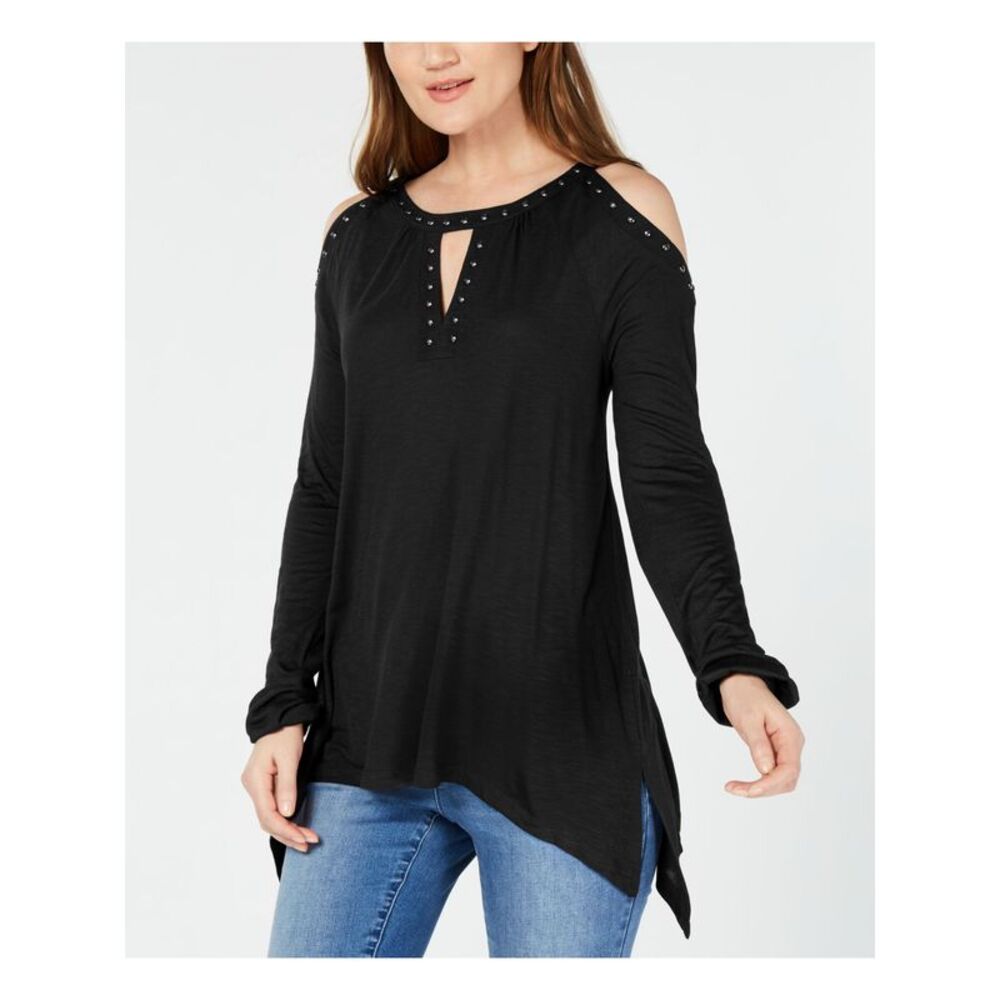 INC Womens Black Long Sleeve Keyhole Handkerchief Top Size: XS